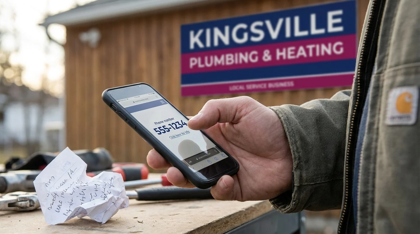 Hand holding a phone showing a click-to-call phone number on a website, outside Kingsville Plumbing & Heating shop