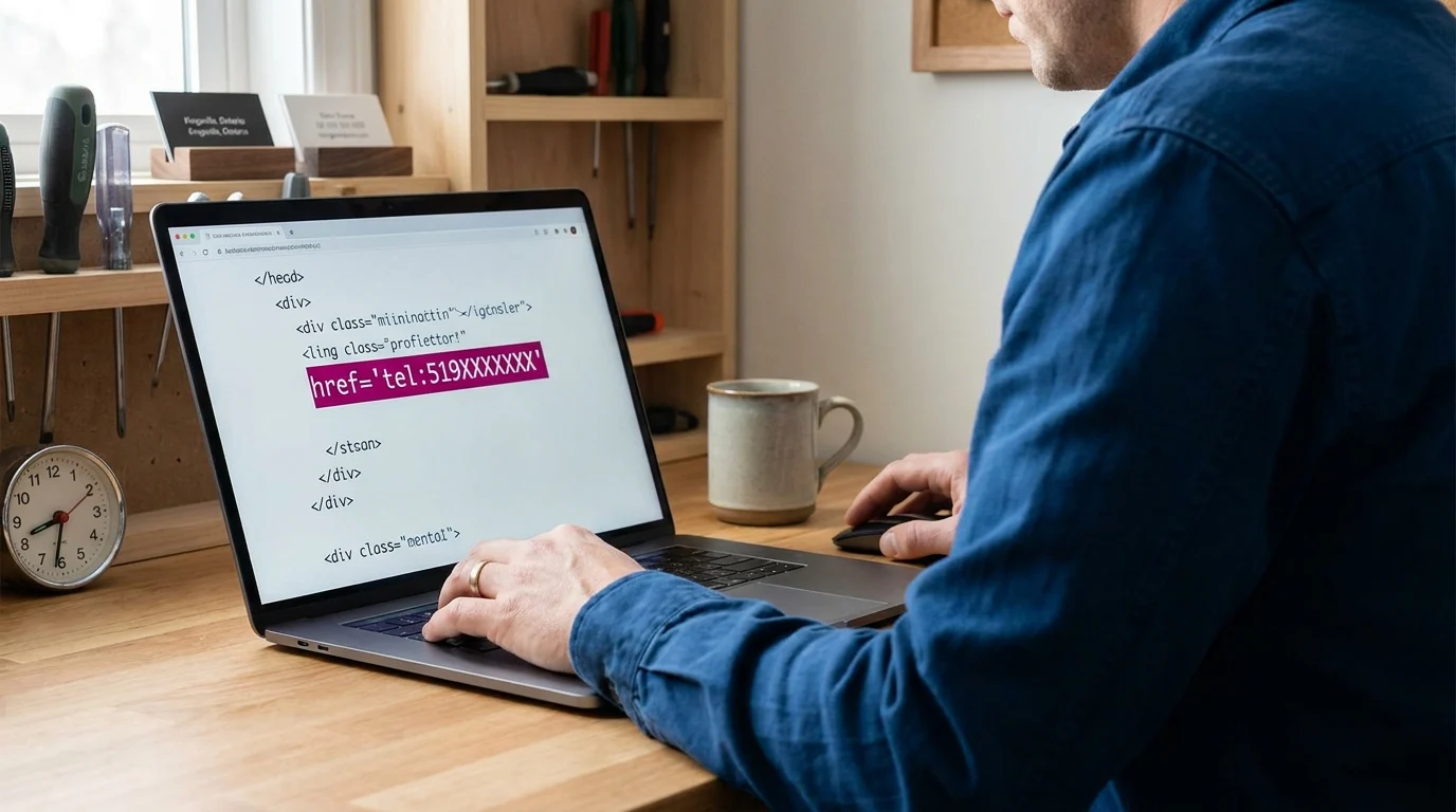 A person editing website code on a laptop, with a highlighted “href=‘tel:519XXXXXXX’” click-to-call link
