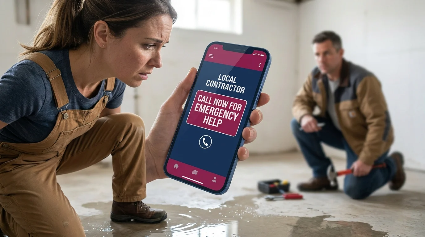 Contractor’s phone shows a “Local Contractor - Call Now for Emergency Help” click-to-call button, while workers respond to a flooded site