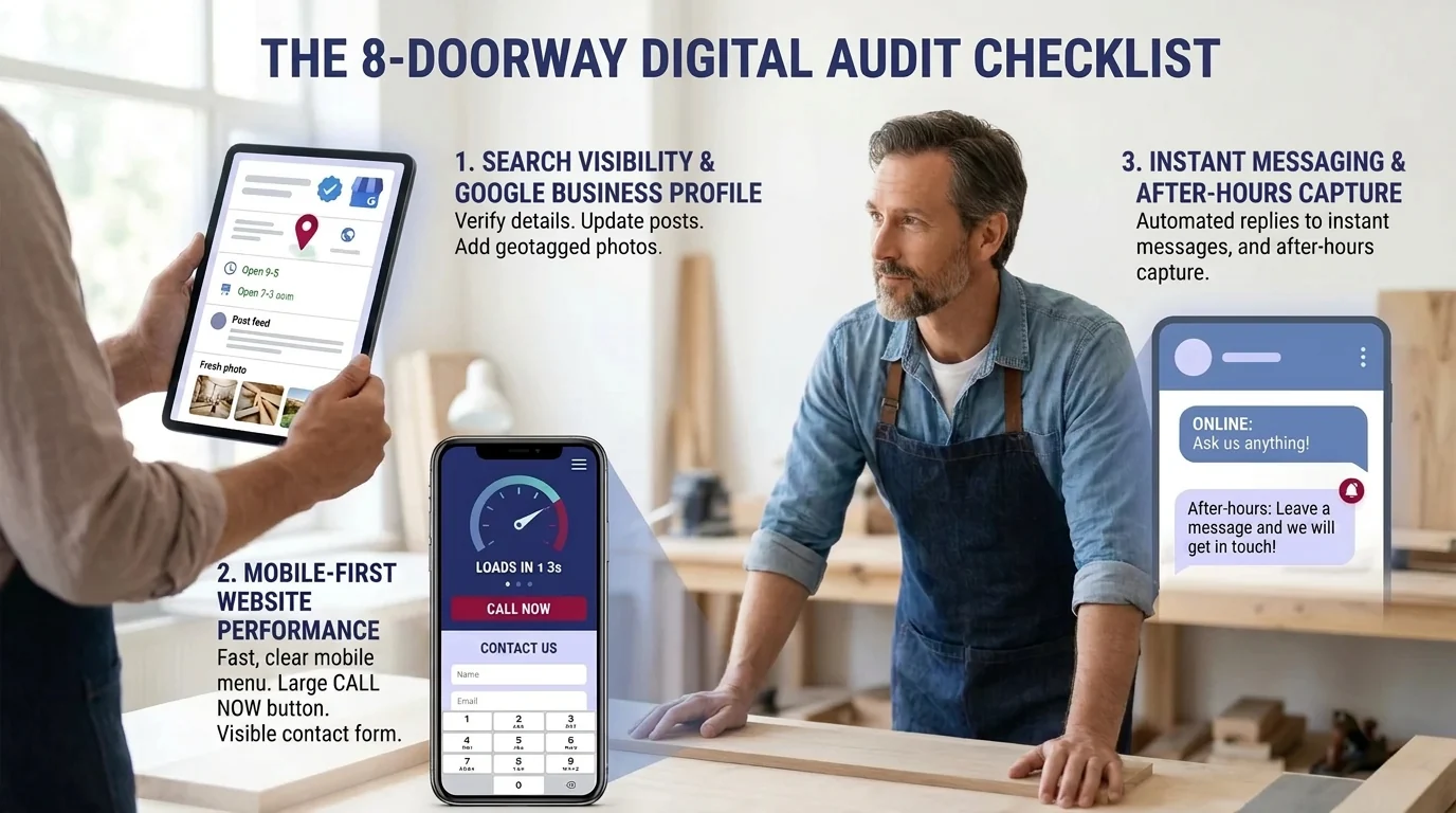 The 8-Doorway Digital Audit Checklist: 1. Search Visibility, 2. Mobile-First Performance, 3. Instant Messaging