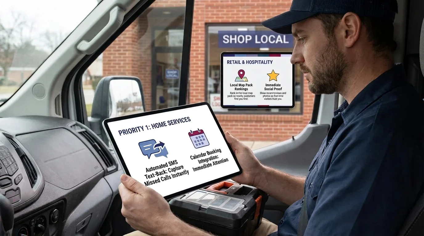 Checklists for Home Services (SMS text-back, booking) and Retail & Hospitality (map rankings, social proof)