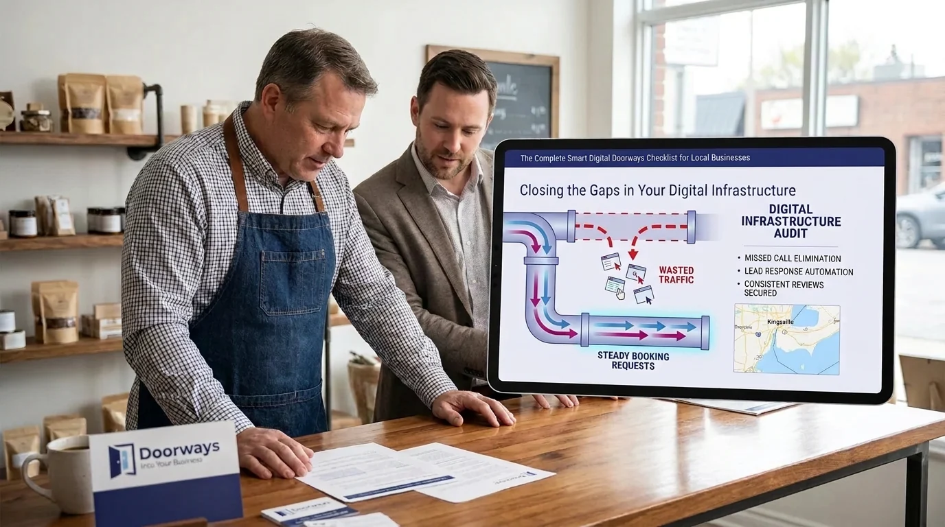 Consultant and business owner review a diagram showing how to fix digital infrastructure gaps to turn wasted traffic into bookings
