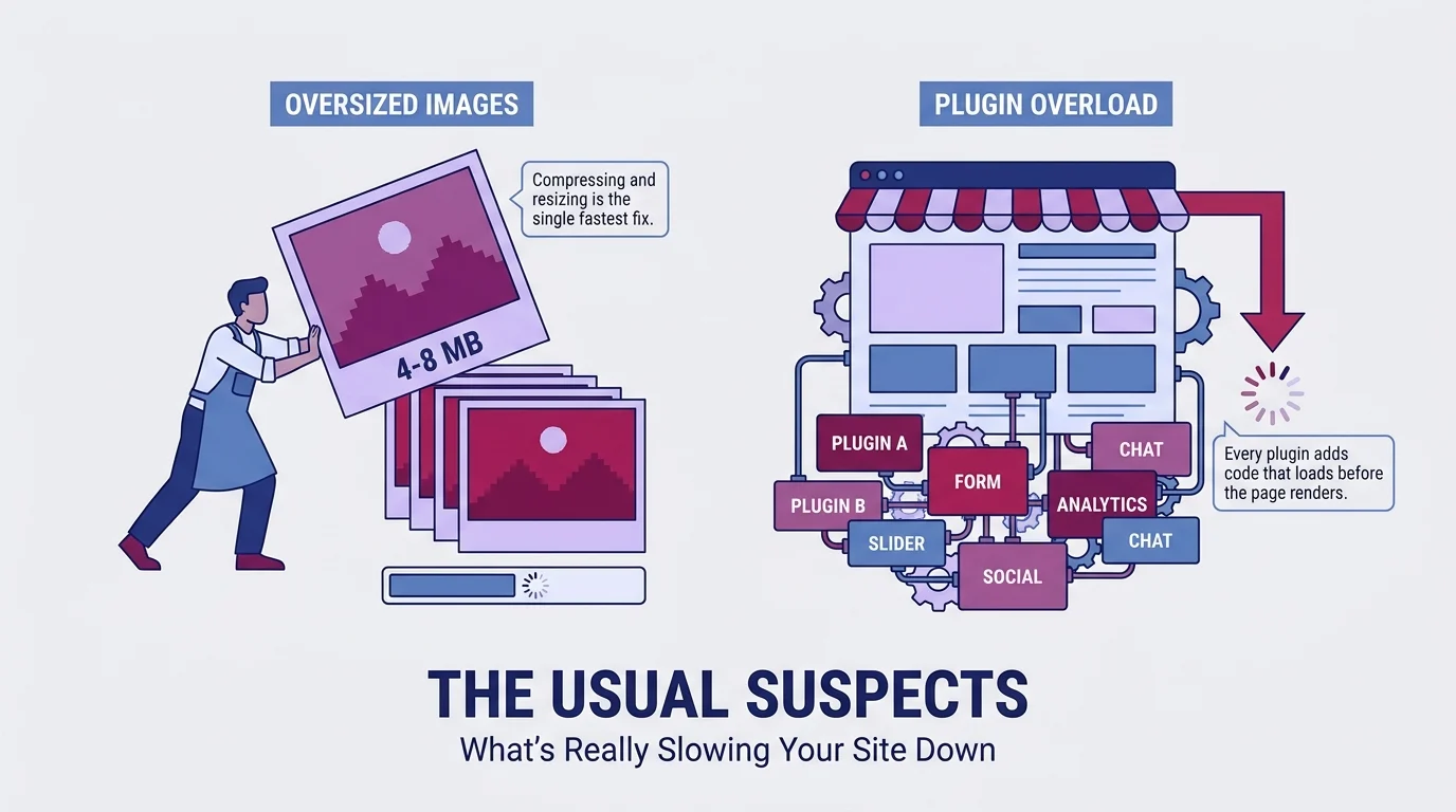 Infographic showing two common causes of slow websites: oversized images (4–8 MB, fix by compressing) and plugin overload (each plugin adds code that loads before the page renders)