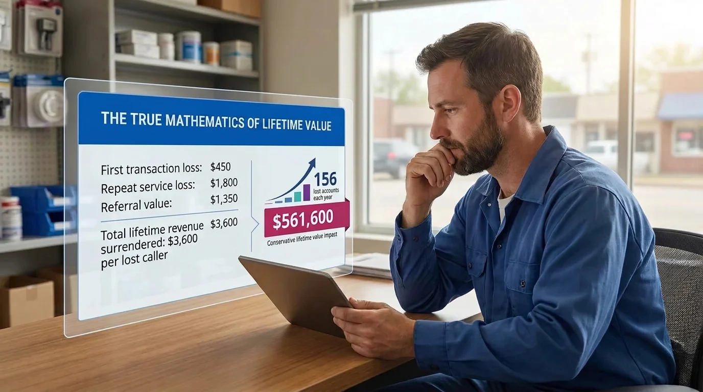 Breakdown of lifetime value loss: $3,600 per lost caller, totaling $561,600 annually for 156 lost accounts
