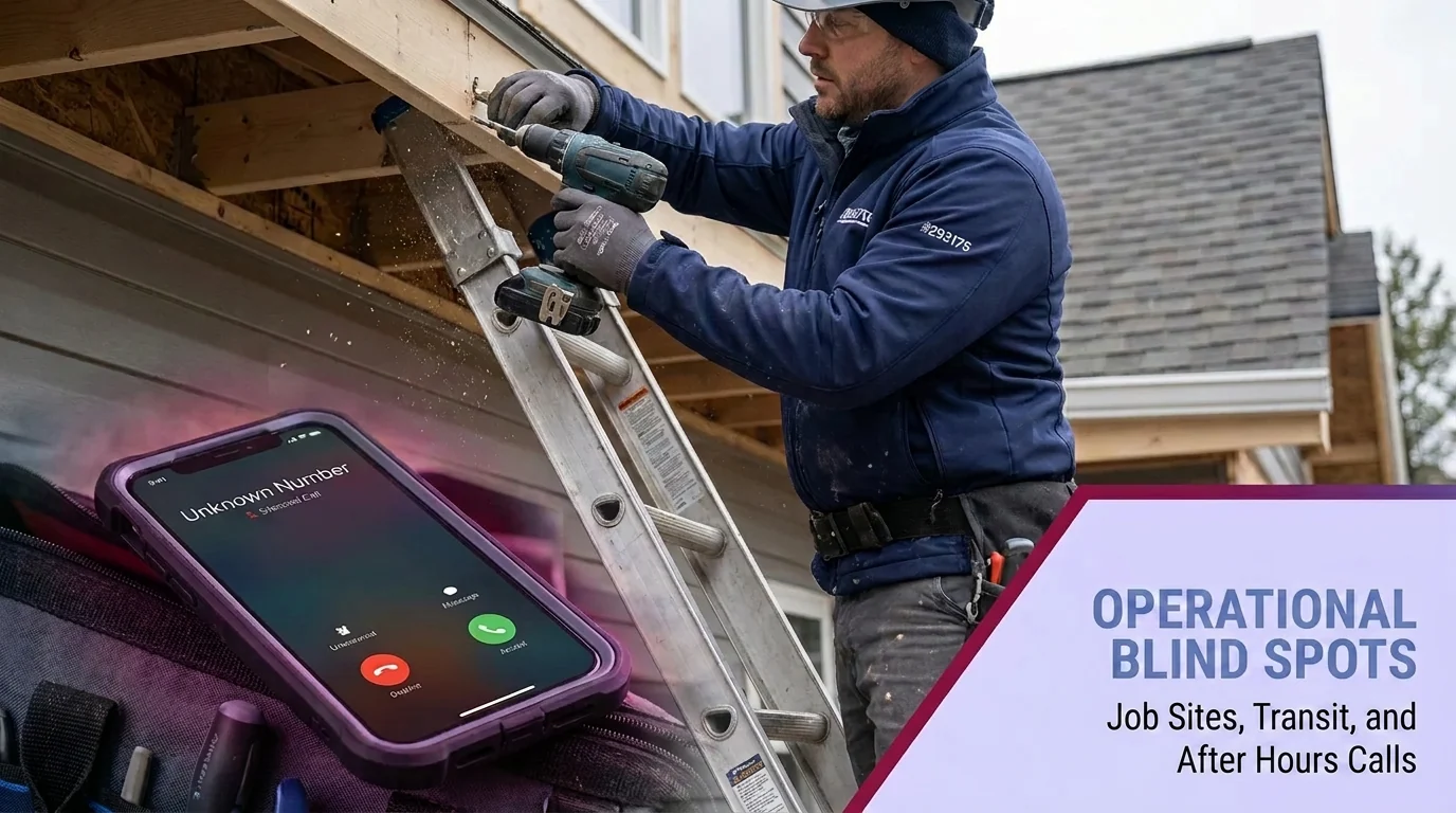 A construction worker using a drill on a ladder while a nearby smartphone shows an incoming unknown call
