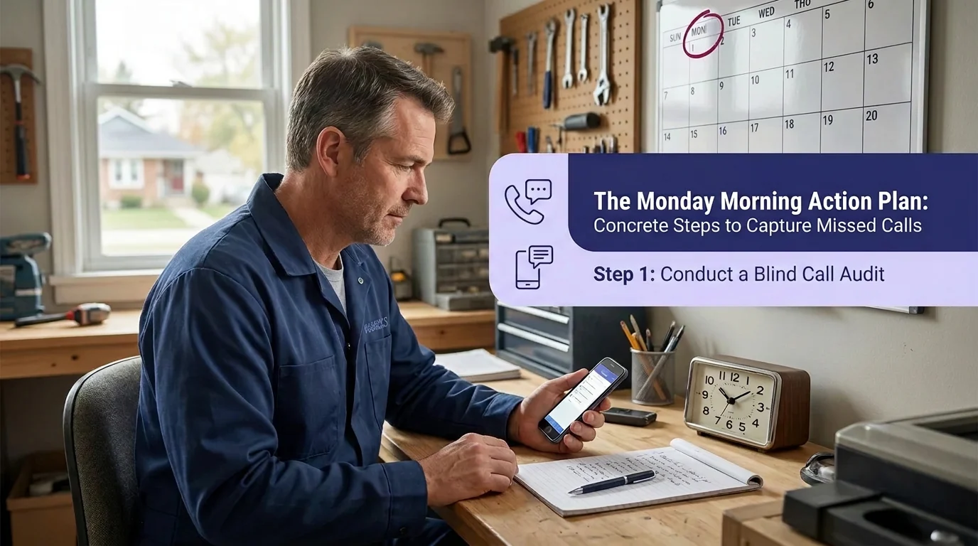 A man in a workshop reviews his phone and takes notes. Text: Step 1: Conduct a Blind Call Audit