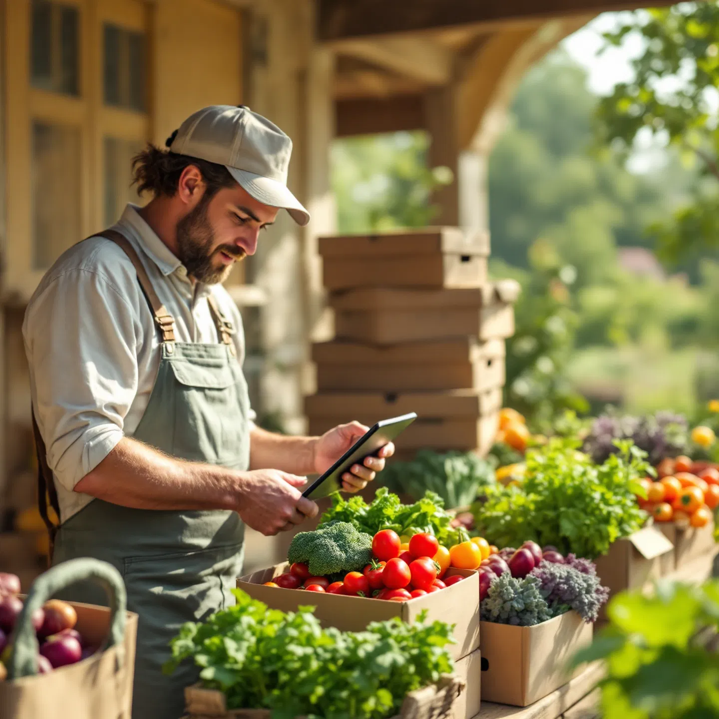 Local vendor using a tablet at a market stall to manage customer interactions and sales