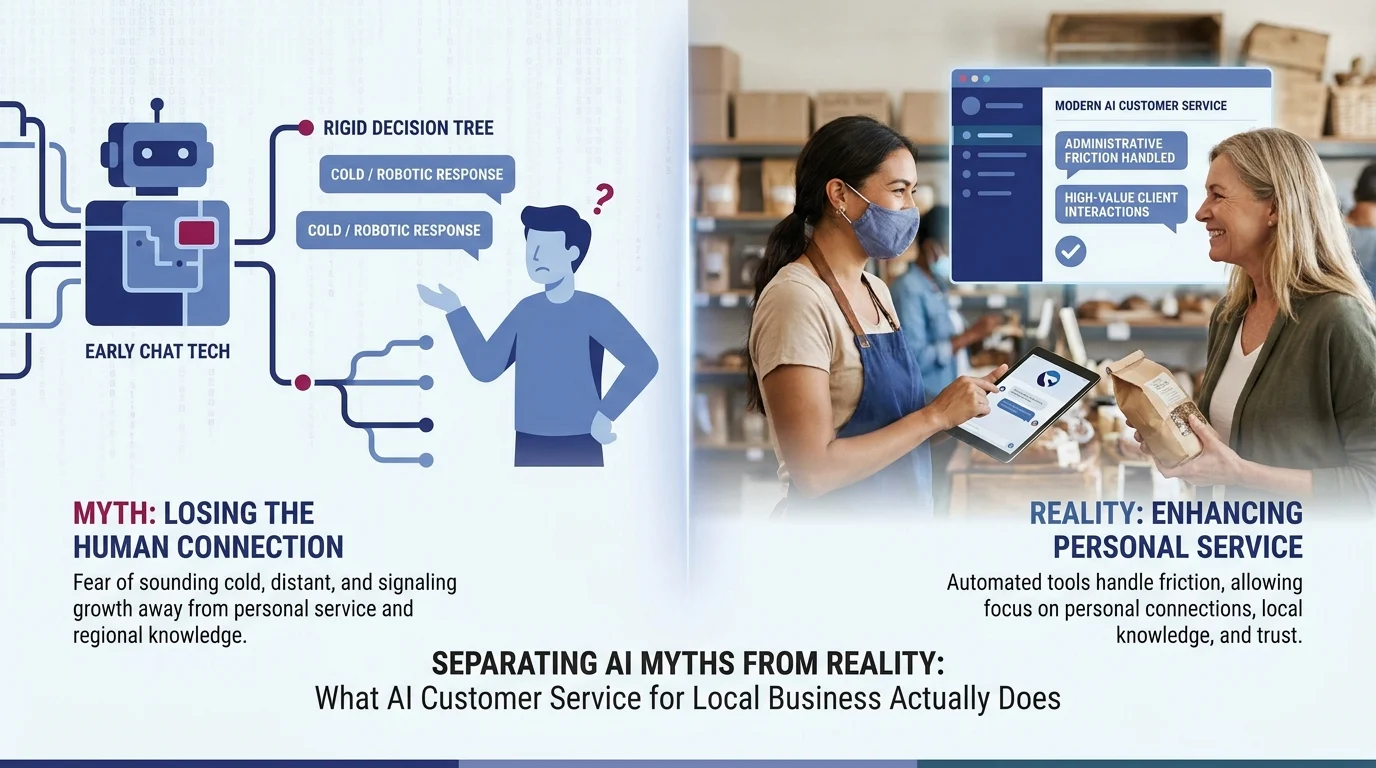 Comparison of AI myth (cold, robotic responses) versus reality (AI handles friction to enhance personal service)