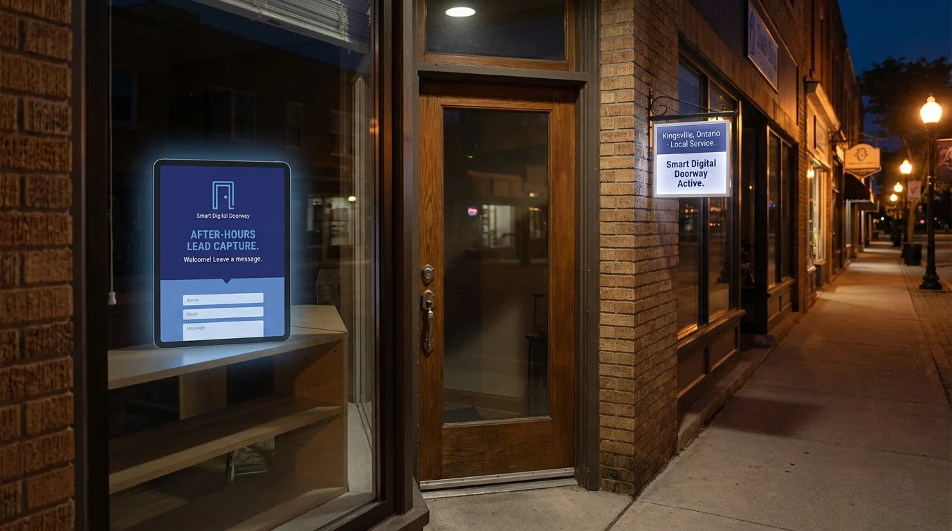 A storefront at night with a digital screen in the window displaying an after-hours lead capture form