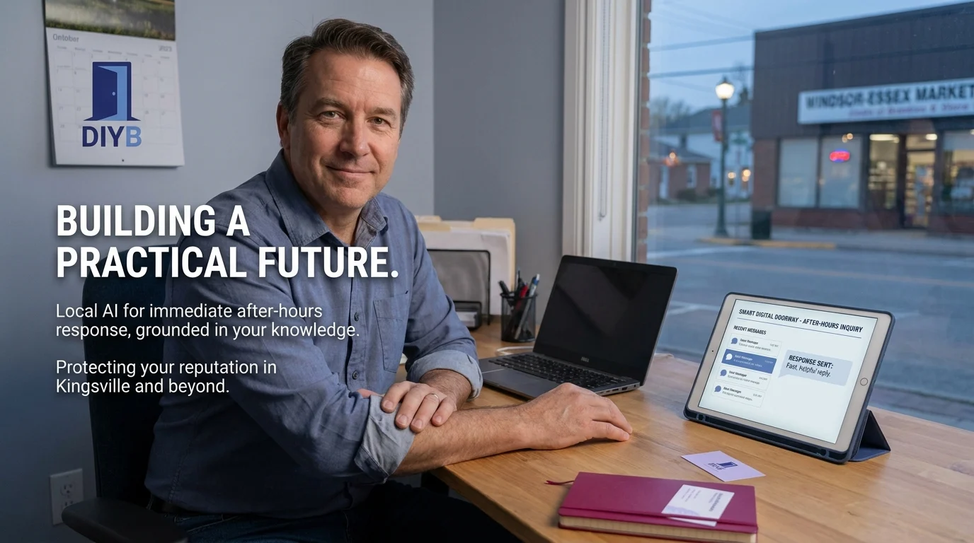 A business owner at a desk with a tablet showing a Smart Digital Doorway after-hours inquiry response system