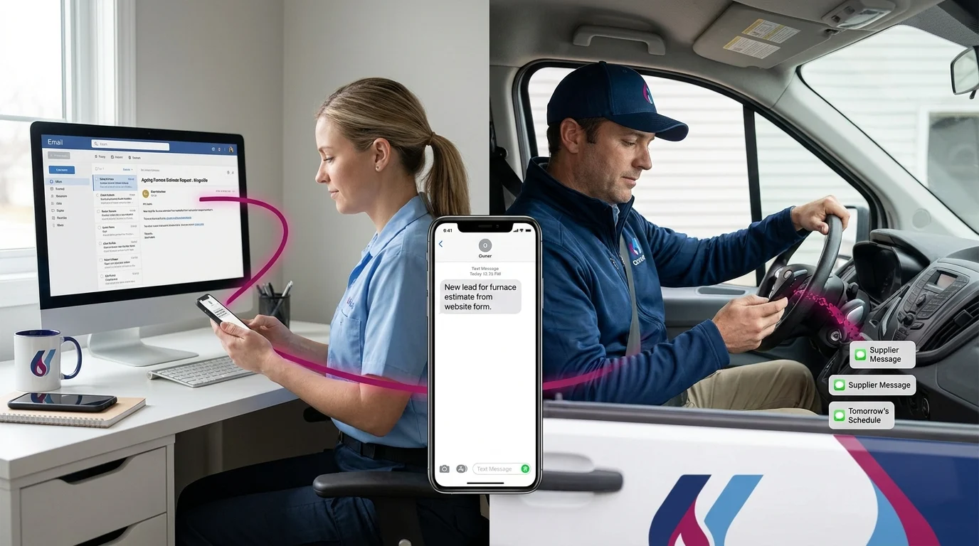 Illustration of a lead’s path: an office worker sees a website email lead, texts it, then a driver in a van gets buried in supplier messages and schedule alerts, showing how leads get lost in the shuffle