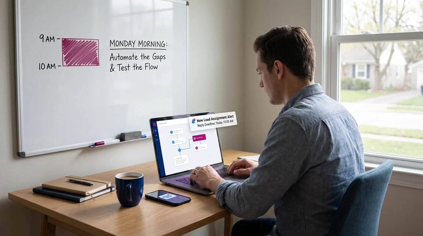 Man at laptop viewing a lead assignment flow chart and alert with 10 AM reply deadline, whiteboard behind reads Monday Morning: Automate the Gaps & Test the Flow