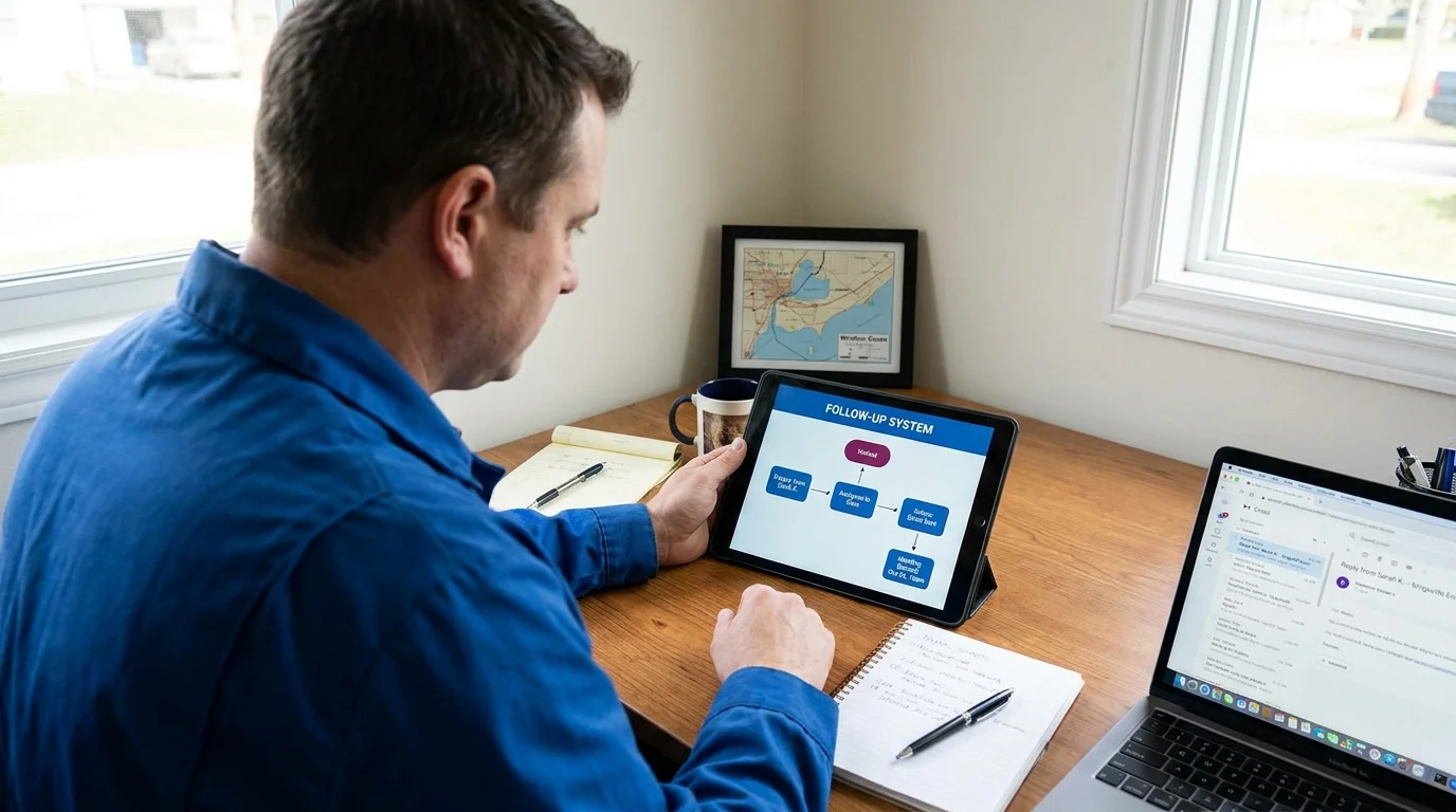 Man at desk viewing a tablet showing a lead follow-up flowchart: inquiry, assigned to sales, follow-up email, meeting scheduled