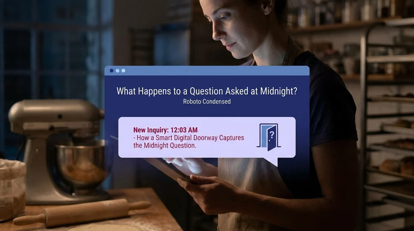 A baker checks a tablet at night as a notification reads: New Inquiry: 12:03 AM – How a Smart Digital Doorway Captures the Midnight Question
