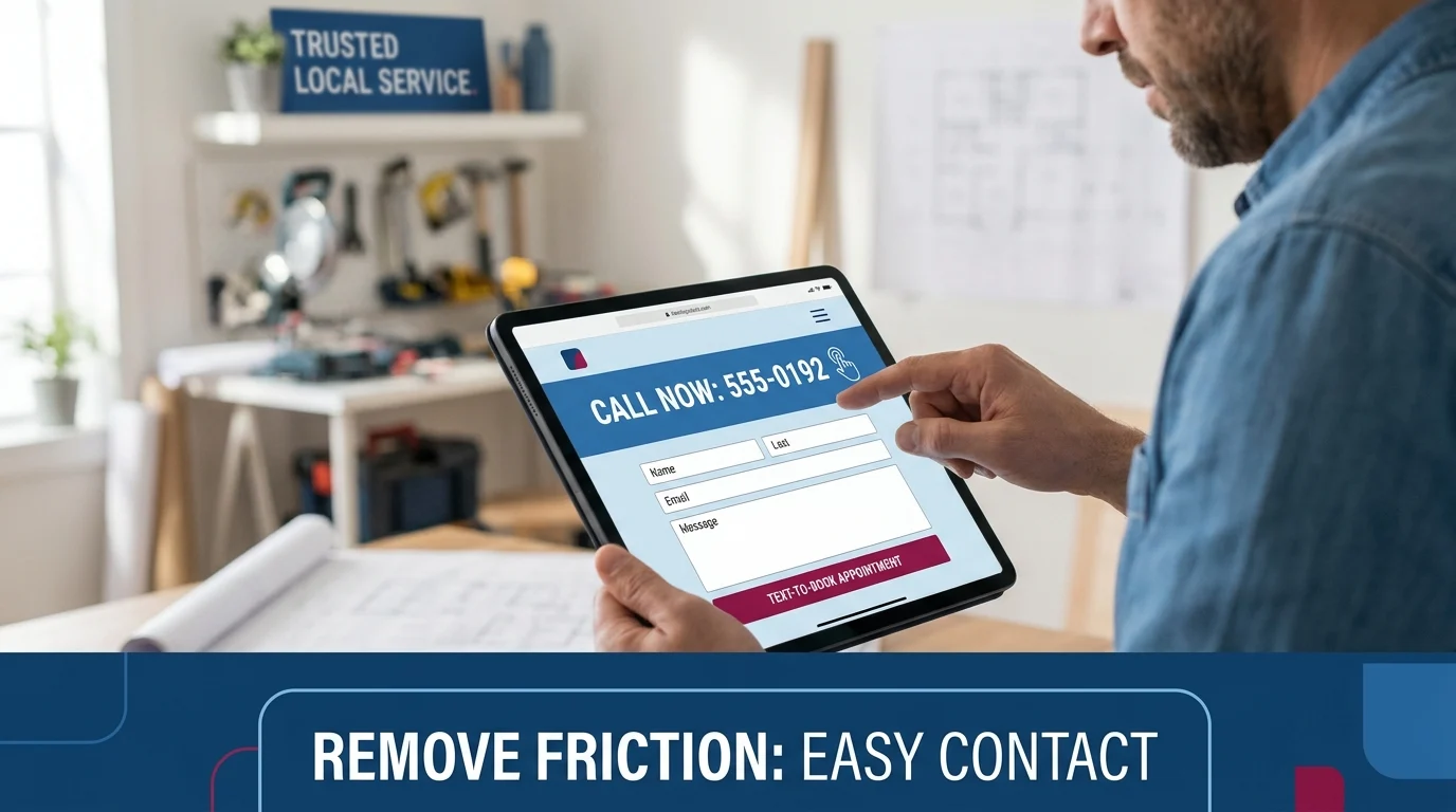Man tapping a click-to-call button on a tablet showing a contact form, illustrating Remove Friction: Easy Contact