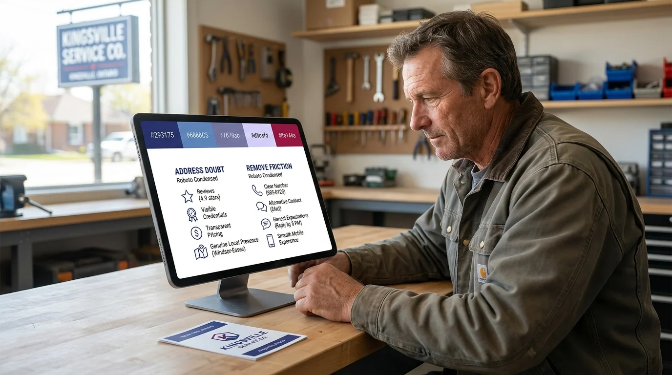 A tradesperson reviews a tablet displaying key takeaways on addressing customer doubt and removing friction, in a workshop setting