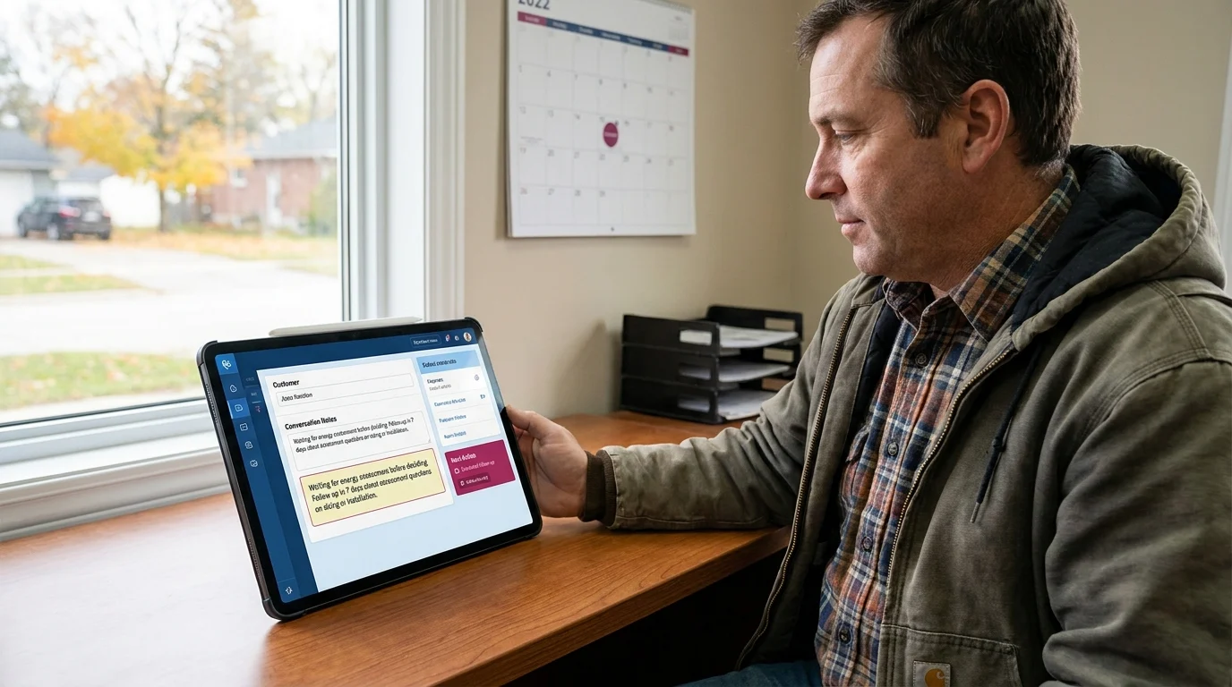 Contractor reviews customer conversation notes and follow-up reminders on a tablet CRM app at his desk