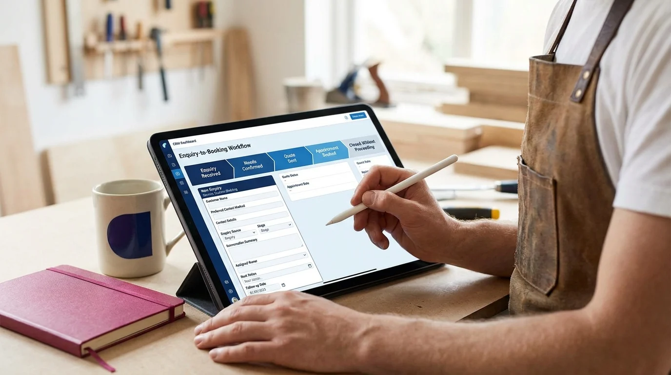 Tradesperson in workshop using tablet showing CRM enquiry-to-booking workflow with stages from enquiry to appointment booked