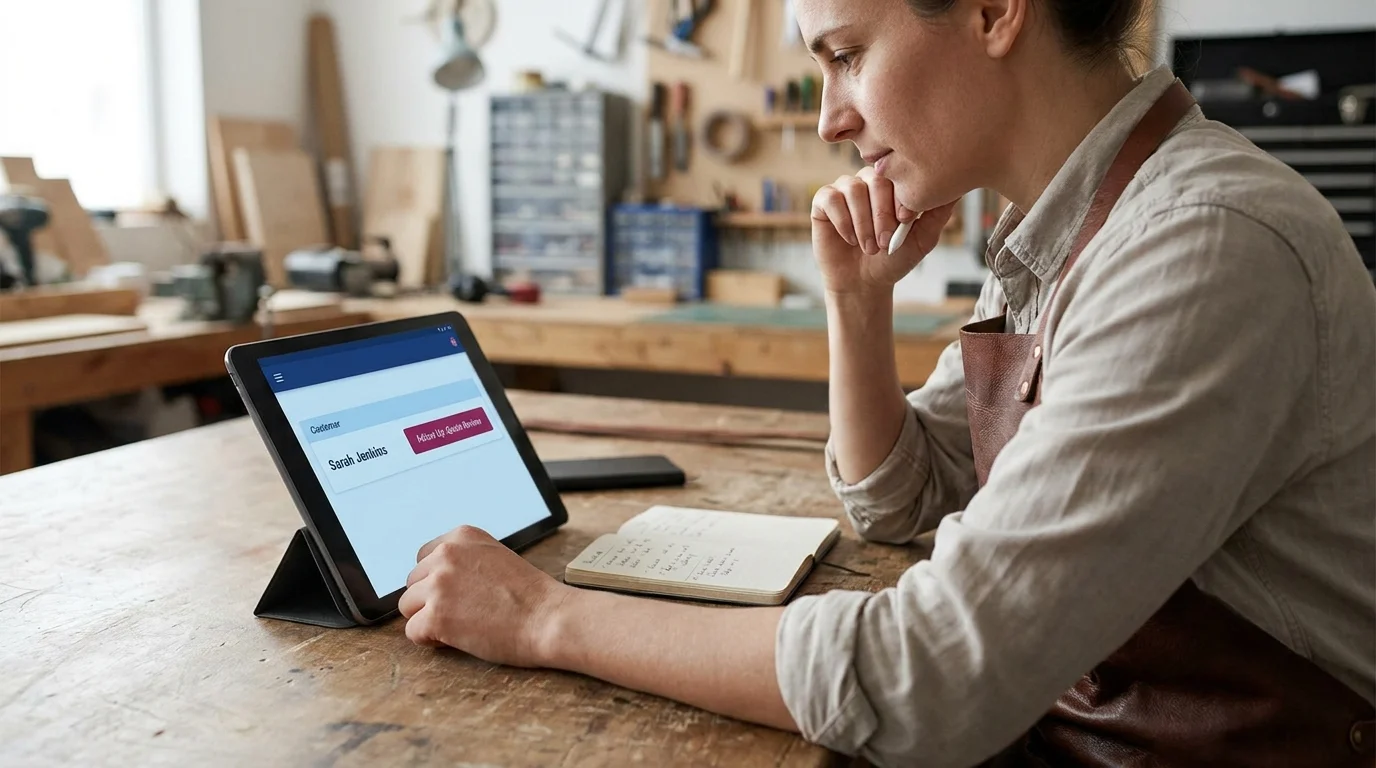 A small business owner in a workshop views customer information on a tablet CRM app