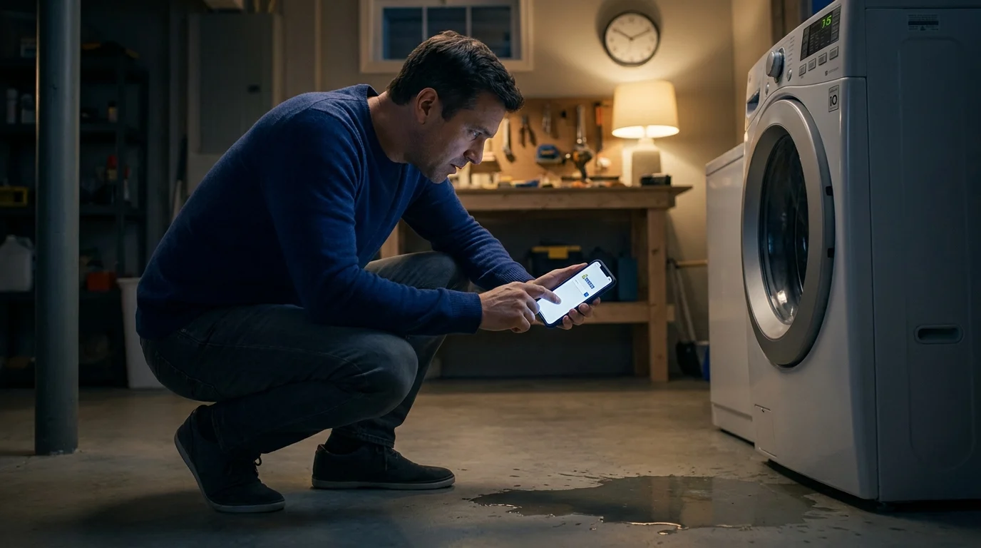 Man using his smartphone to request repair service next to a leaking washing machine at night