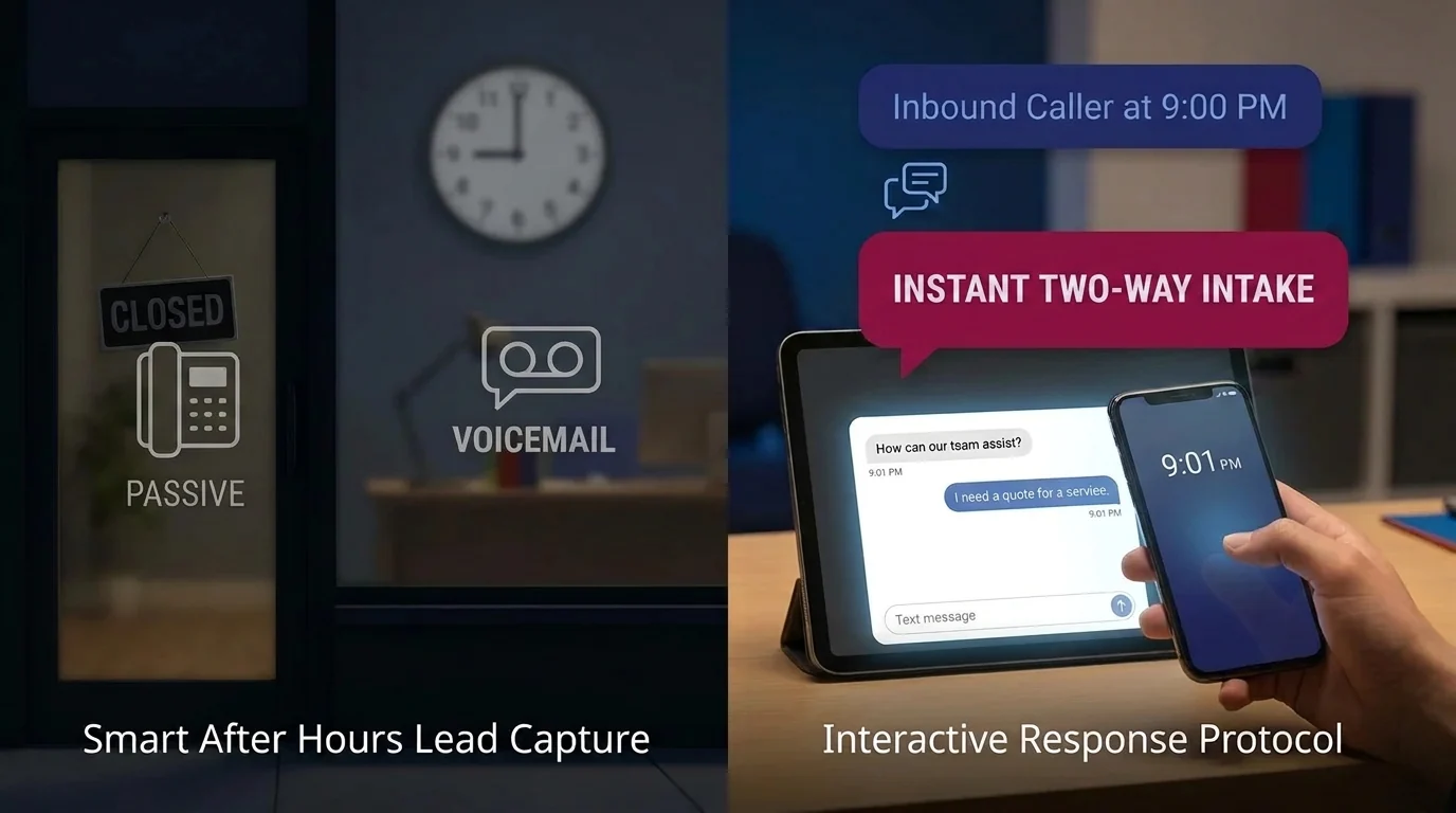 Comparison contrasting passive after-hours voicemail with instant two-way text intake