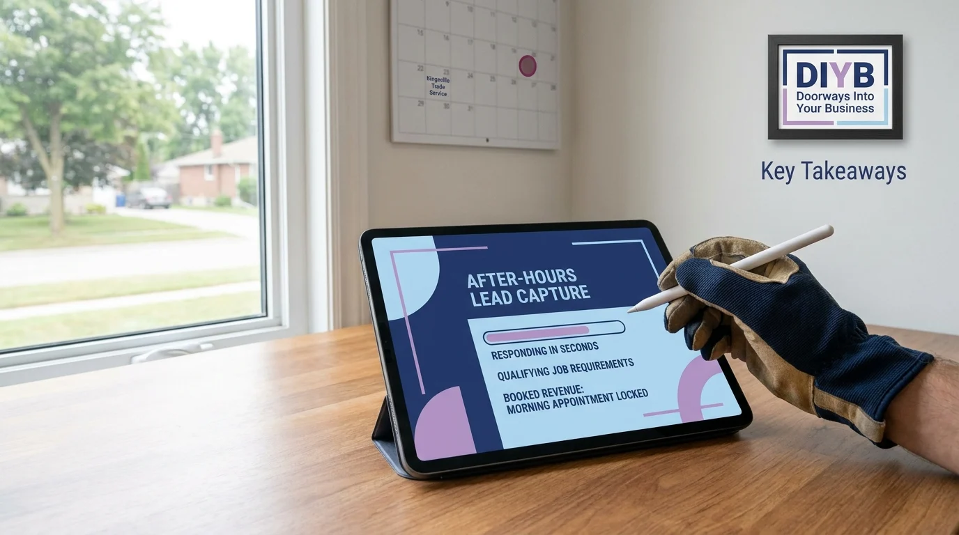 Tablet displaying After-Hours Lead Capture takeaways: responding in seconds, qualifying job requirements, and locked morning appointments