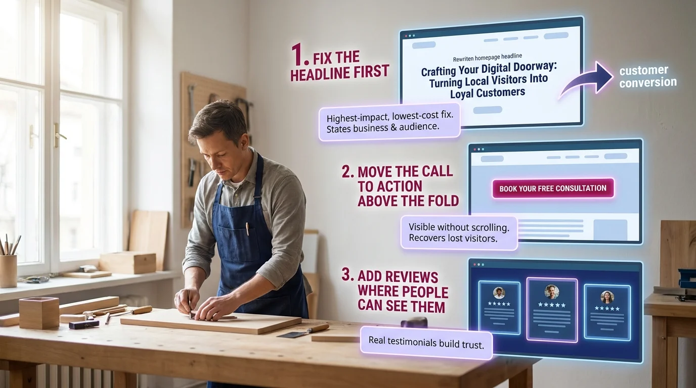 Three quick website fixes to boost conversions: 1. Fix the headline first, 2. Move the call to action above the fold, 3. Add visible reviews