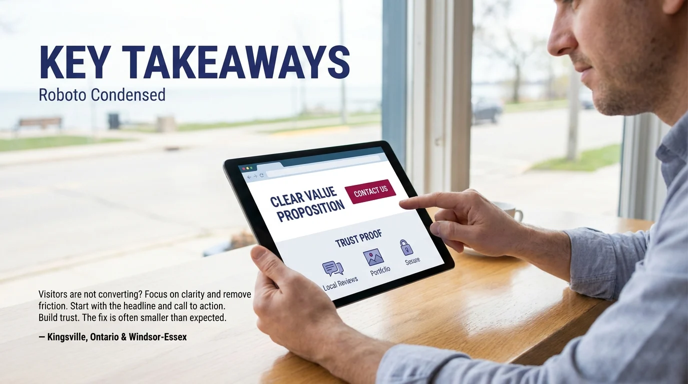 Key Takeaways: man tapping a tablet showing a website with clear value proposition, contact us button, and trust proof elements