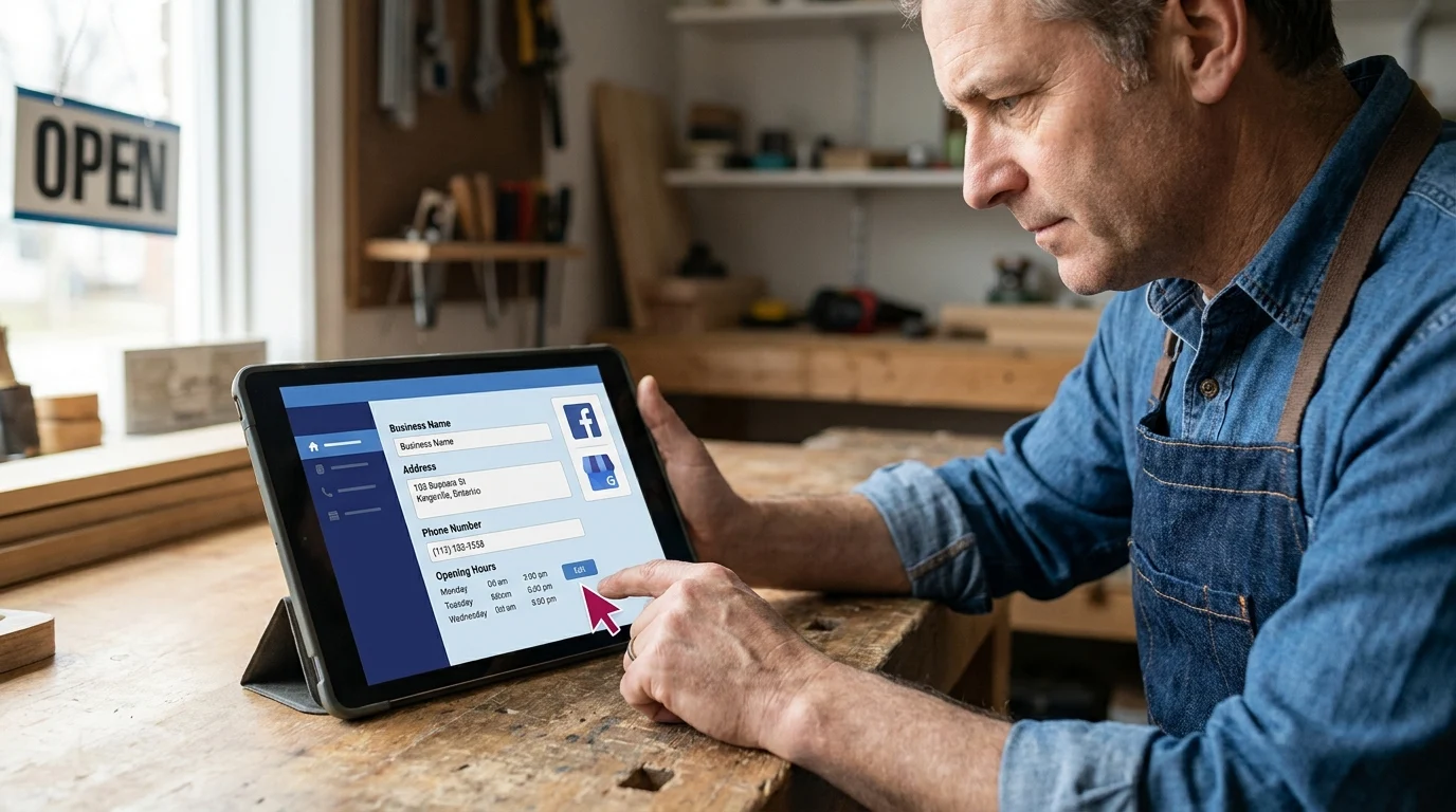 Shop owner updating business name, address, phone, and hours on a tablet linked to Facebook and Google profiles