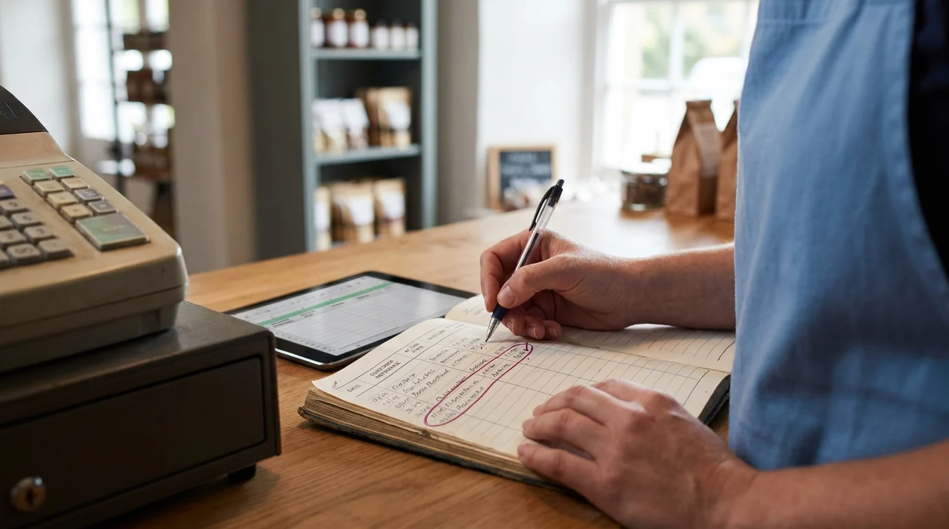 Shop owner tracking customer actions in a handwritten ledger beside a tablet with data, at the checkout counter