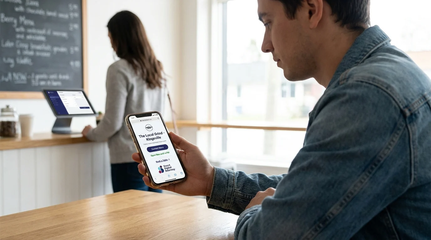 Man in a cafe viewing a phone showing The Local Grind’s menu, hours, and Book a Table link